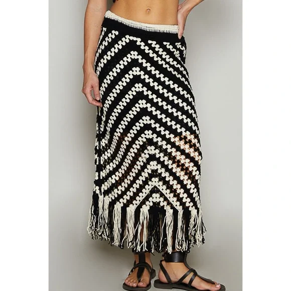 POL Black and Cream Crochet Fringe Maxi Skirt - Picture 3 of 6